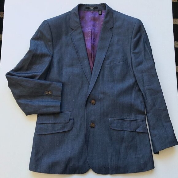 TED BAKER Blue Wool/Linen 2-Piece Jacket & Pant Suit Purple Lining 40 Reg 34x28 - Picture 3 of 16